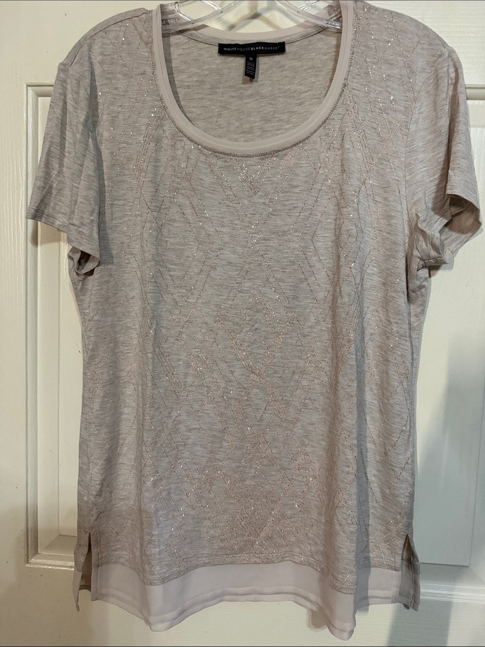 White House Black Market Light Gray Short Sleeve Scoop Neck Top with Sparkle